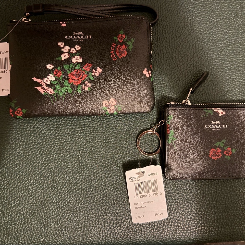 Coach Black and Red Floral Skinny Mini and Wristlet Set